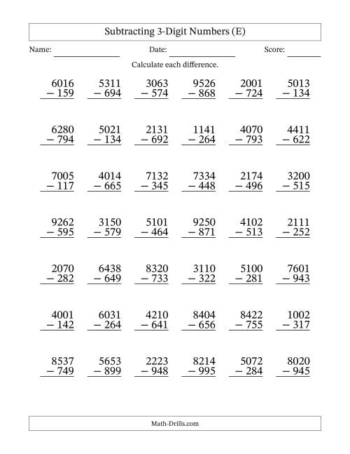 The Subtracting 3-Digit Numbers With All Regrouping (42 Questions) (E) Math Worksheet