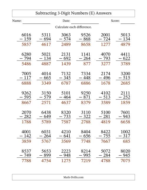 The Subtracting 3-Digit Numbers With All Regrouping (42 Questions) (E) Math Worksheet Page 2