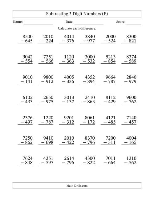 The Subtracting 3-Digit Numbers with All Regrouping (F) Math Worksheet