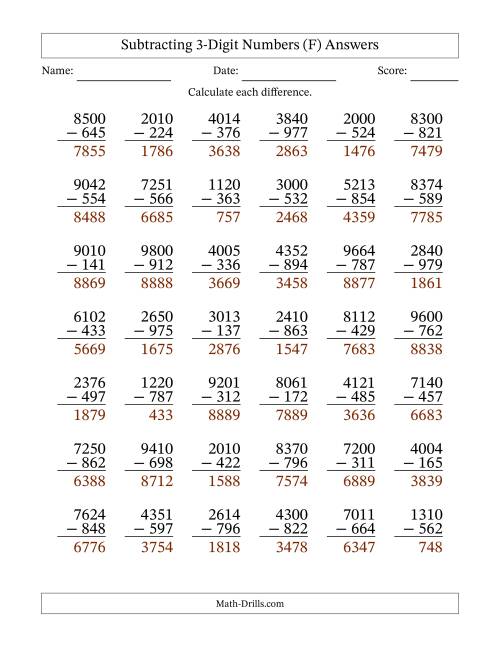 The Subtracting 3-Digit Numbers With All Regrouping (42 Questions) (F) Math Worksheet Page 2