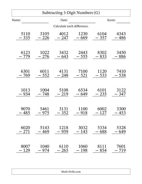The Subtracting 3-Digit Numbers with All Regrouping (G) Math Worksheet
