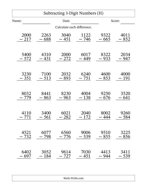 The Subtracting 3-Digit Numbers With All Regrouping (42 Questions) (H) Math Worksheet