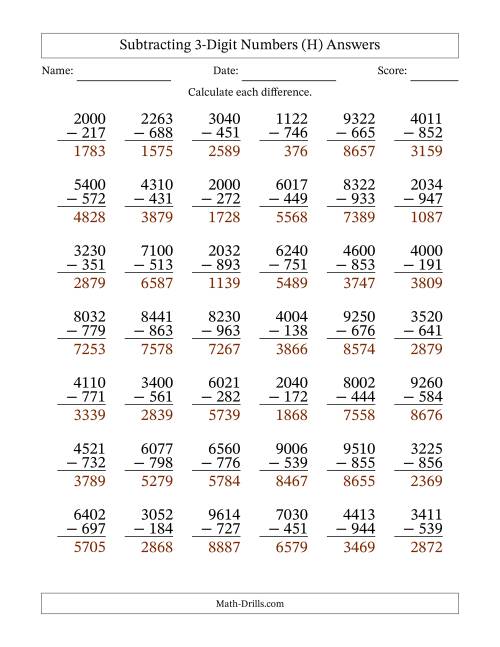 The Subtracting 3-Digit Numbers With All Regrouping (42 Questions) (H) Math Worksheet Page 2