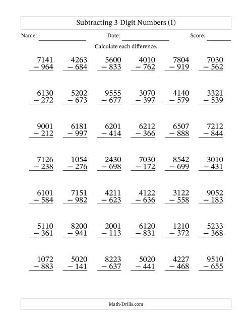 The Subtracting 3-Digit Numbers With All Regrouping (42 Questions) (I) Math Worksheet