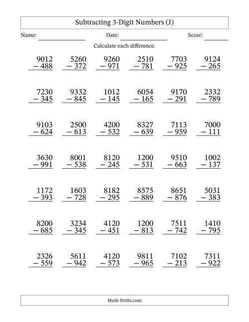 The Subtracting 3-Digit Numbers With All Regrouping (42 Questions) (J) Math Worksheet