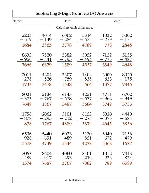 The Subtracting 3-Digit Numbers With All Regrouping (42 Questions) (All) Math Worksheet Page 2