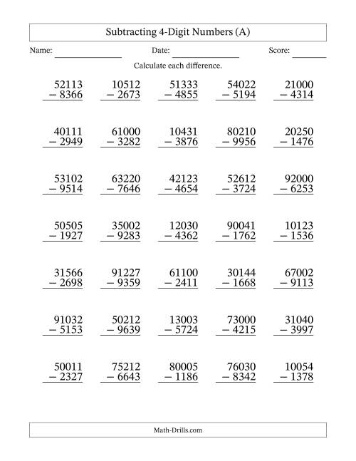 The Subtracting 4-Digit Numbers with All Regrouping (A) Math Worksheet