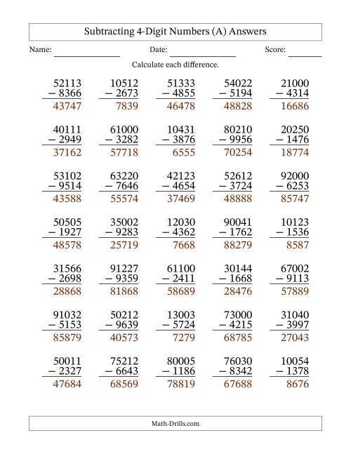 The Subtracting 4-Digit Numbers With All Regrouping (35 Questions) (A) Math Worksheet Page 2
