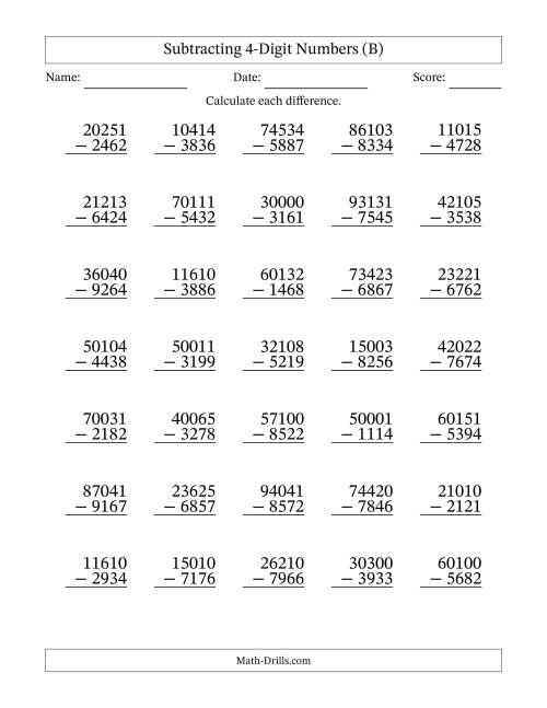 The Subtracting 4-Digit Numbers With All Regrouping (35 Questions) (B) Math Worksheet