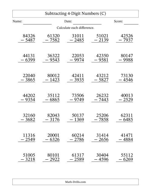 The Subtracting 4-Digit Numbers With All Regrouping (35 Questions) (C) Math Worksheet
