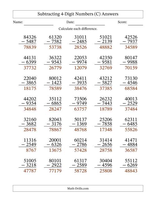 The Subtracting 4-Digit Numbers With All Regrouping (35 Questions) (C) Math Worksheet Page 2