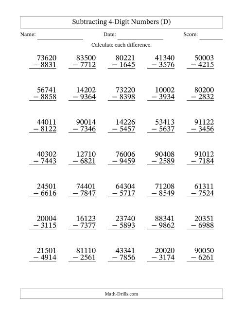 The Subtracting 4-Digit Numbers With All Regrouping (35 Questions) (D) Math Worksheet