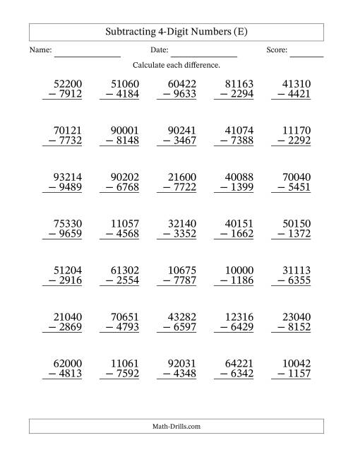 The Subtracting 4-Digit Numbers With All Regrouping (35 Questions) (E) Math Worksheet