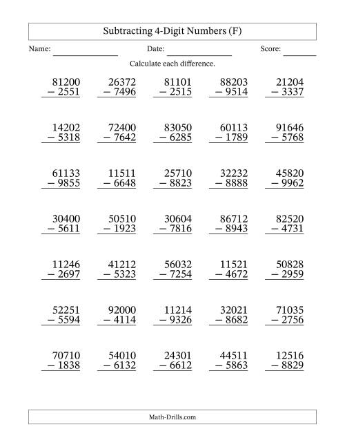 The Subtracting 4-Digit Numbers With All Regrouping (35 Questions) (F) Math Worksheet