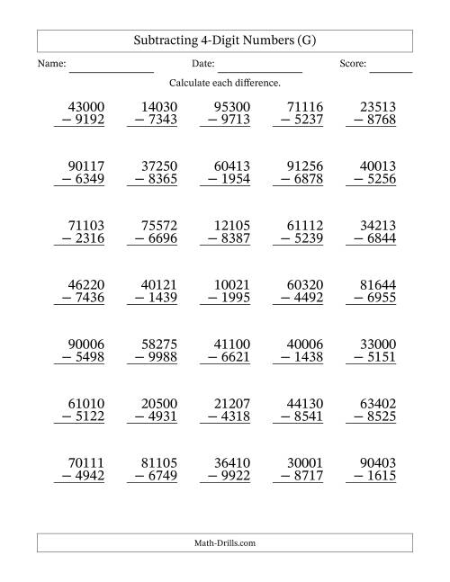 The Subtracting 4-Digit Numbers With All Regrouping (35 Questions) (G) Math Worksheet