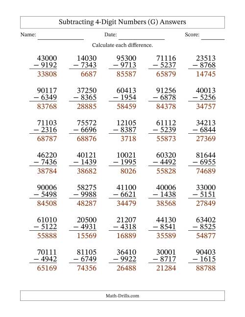 The Subtracting 4-Digit Numbers With All Regrouping (35 Questions) (G) Math Worksheet Page 2