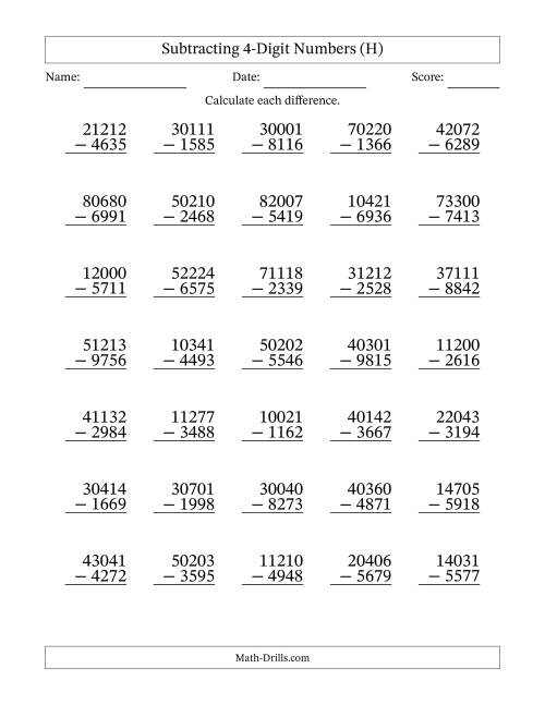 The Subtracting 4-Digit Numbers With All Regrouping (35 Questions) (H) Math Worksheet