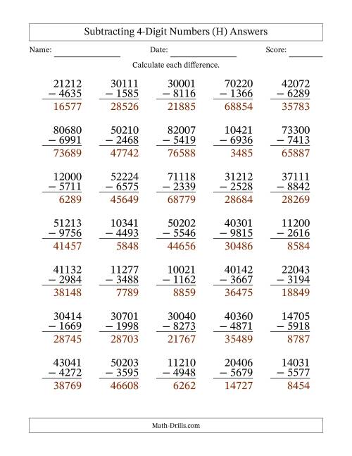 The Subtracting 4-Digit Numbers With All Regrouping (35 Questions) (H) Math Worksheet Page 2