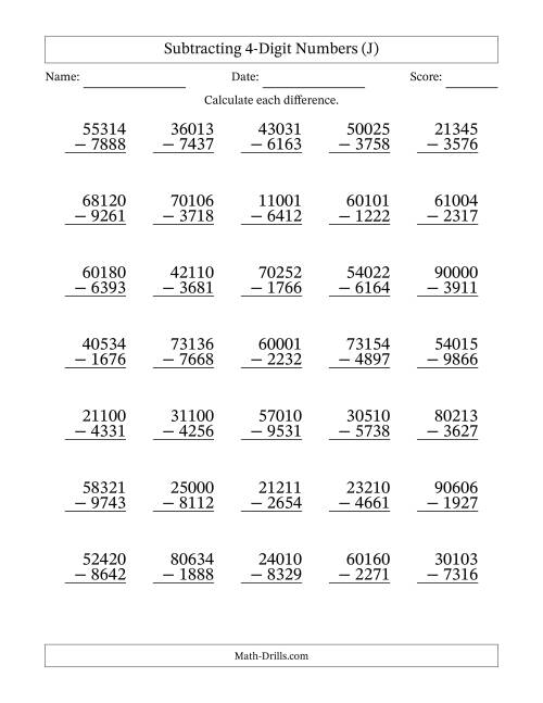 The Subtracting 4-Digit Numbers With All Regrouping (35 Questions) (J) Math Worksheet