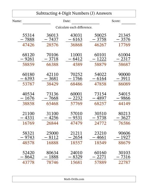 The Subtracting 4-Digit Numbers With All Regrouping (35 Questions) (J) Math Worksheet Page 2