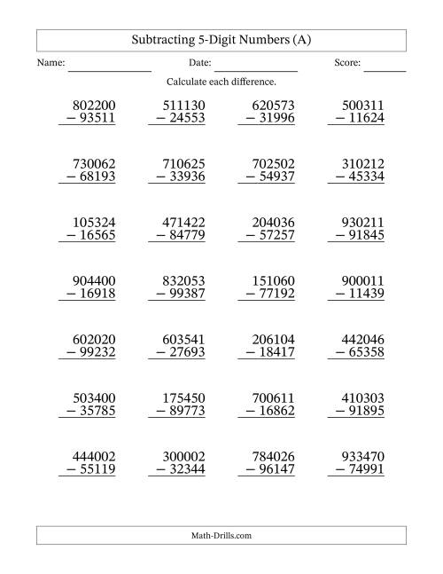 The Subtracting 5-Digit Numbers with All Regrouping (A) Math Worksheet