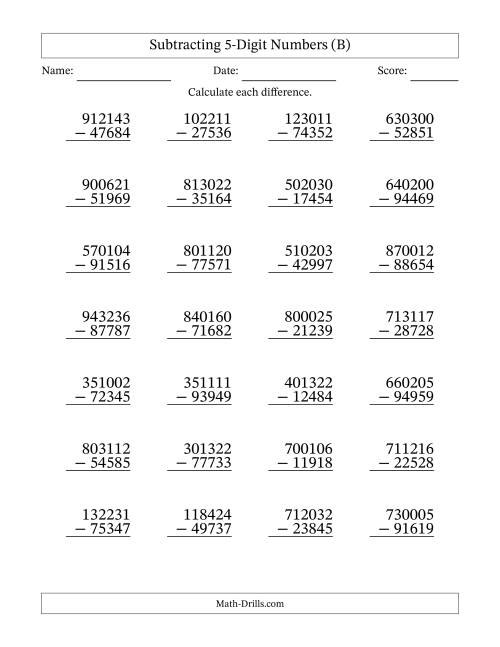 The Subtracting 5-Digit Numbers With All Regrouping (28 Questions) (B) Math Worksheet