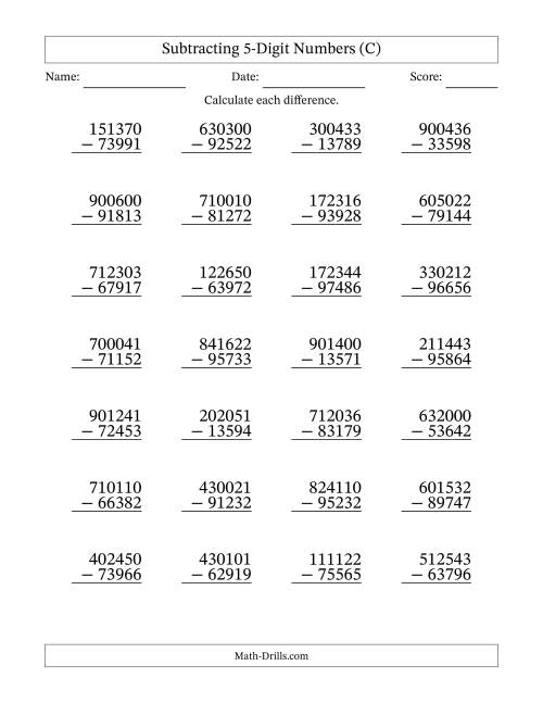The Subtracting 5-Digit Numbers With All Regrouping (28 Questions) (C) Math Worksheet