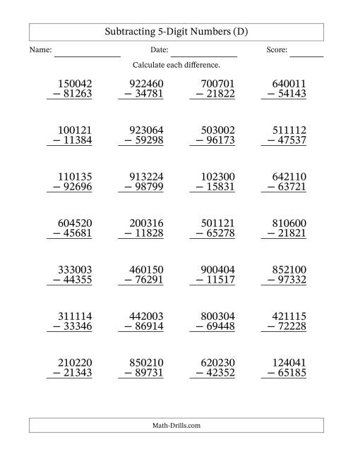 The Subtracting 5-Digit Numbers With All Regrouping (28 Questions) (D) Math Worksheet