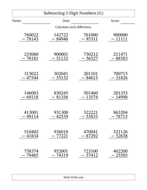 The Subtracting 5-Digit Numbers with All Regrouping (G) Math Worksheet
