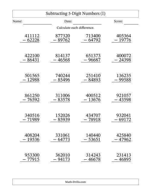 The Subtracting 5-Digit Numbers With All Regrouping (28 Questions) (I) Math Worksheet