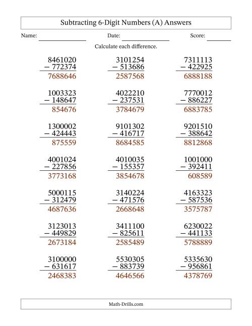 The Subtracting 6-Digit Numbers With All Regrouping (21 Questions) (A) Math Worksheet Page 2