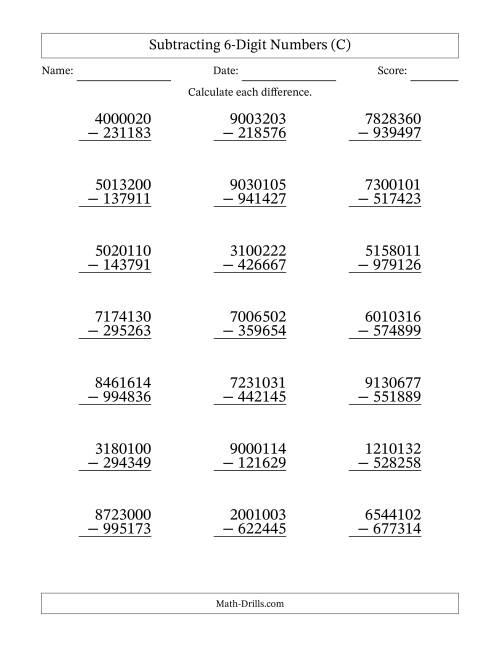 The Subtracting 6-Digit Numbers With All Regrouping (21 Questions) (C) Math Worksheet