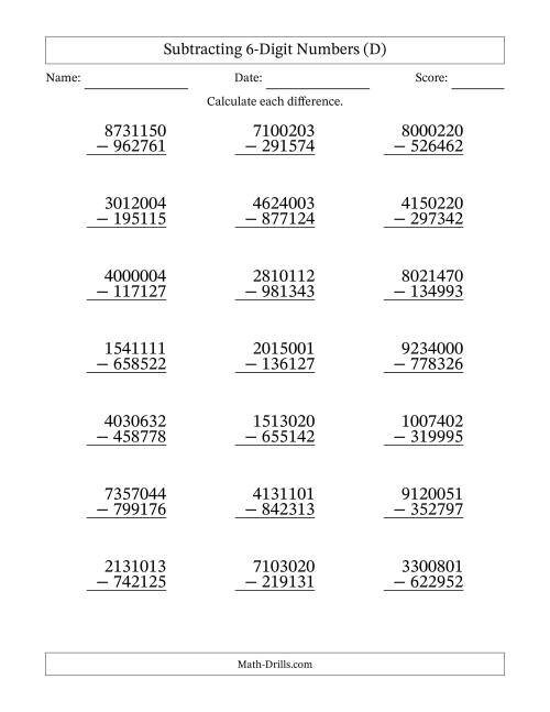 The Subtracting 6-Digit Numbers With All Regrouping (21 Questions) (D) Math Worksheet