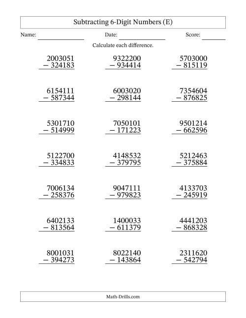 The Subtracting 6-Digit Numbers With All Regrouping (21 Questions) (E) Math Worksheet