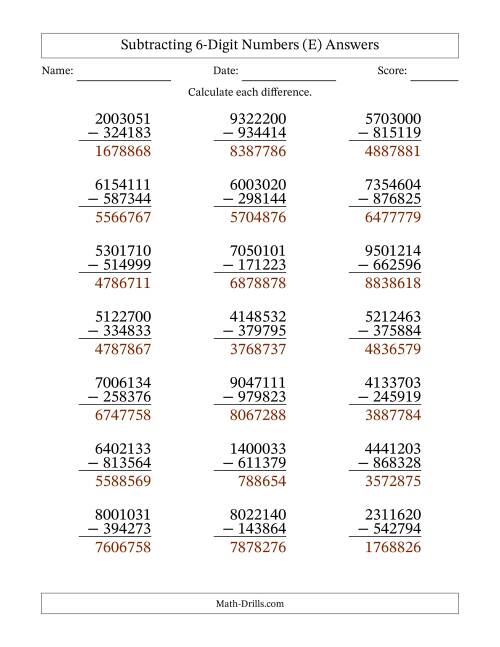 The Subtracting 6-Digit Numbers With All Regrouping (21 Questions) (E) Math Worksheet Page 2