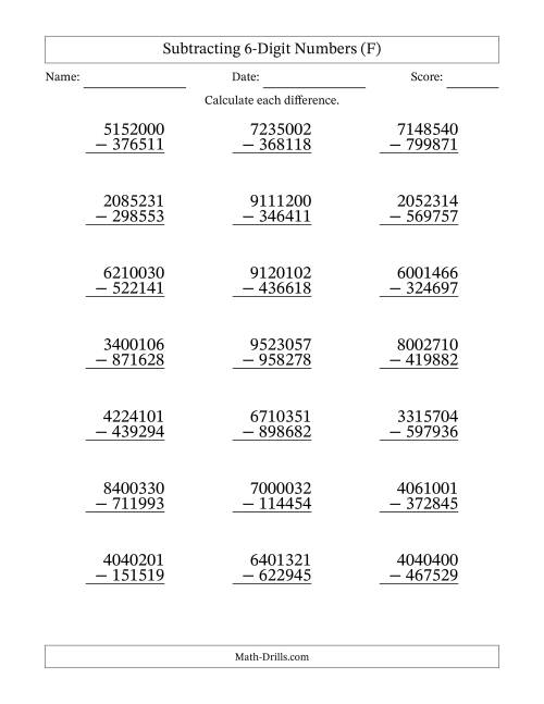 The Subtracting 6-Digit Numbers With All Regrouping (21 Questions) (F) Math Worksheet