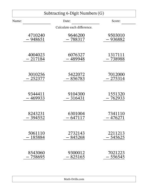 The Subtracting 6-Digit Numbers With All Regrouping (21 Questions) (G) Math Worksheet