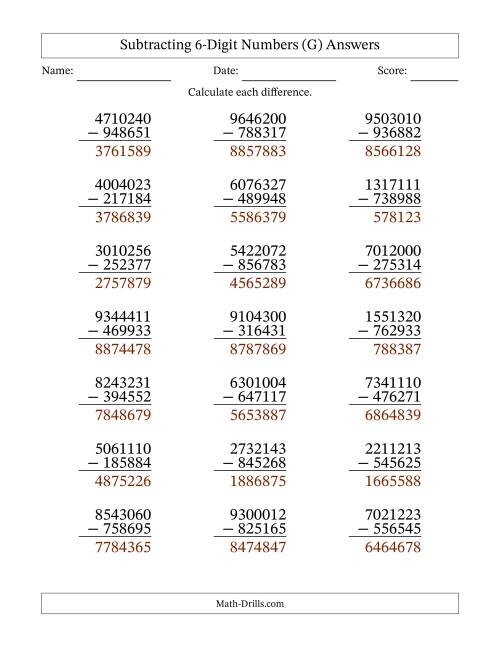 The Subtracting 6-Digit Numbers With All Regrouping (21 Questions) (G) Math Worksheet Page 2
