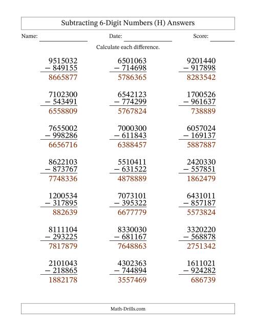 The Subtracting 6-Digit Numbers With All Regrouping (21 Questions) (H) Math Worksheet Page 2