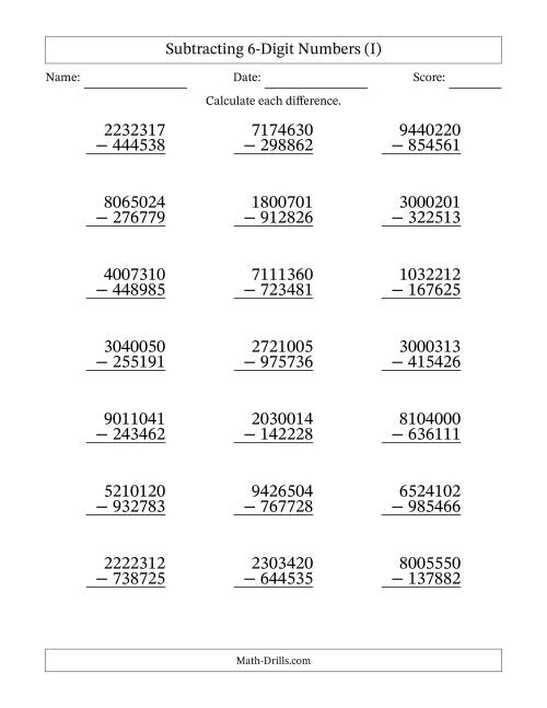 The Subtracting 6-Digit Numbers With All Regrouping (21 Questions) (I) Math Worksheet