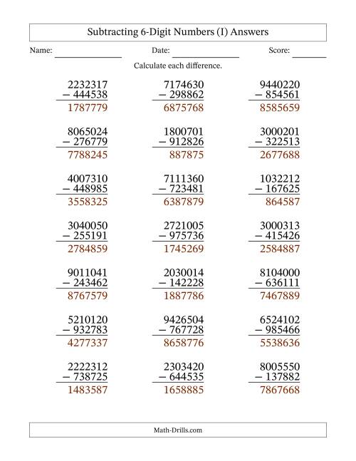 The Subtracting 6-Digit Numbers With All Regrouping (21 Questions) (I) Math Worksheet Page 2