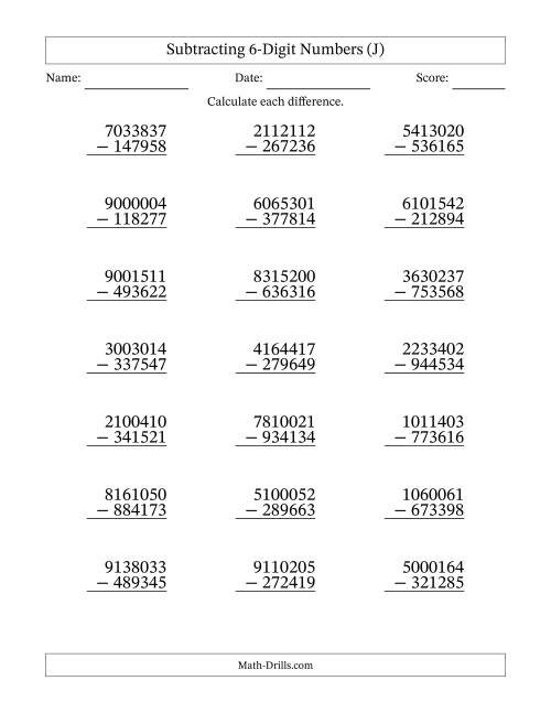 The Subtracting 6-Digit Numbers With All Regrouping (21 Questions) (J) Math Worksheet
