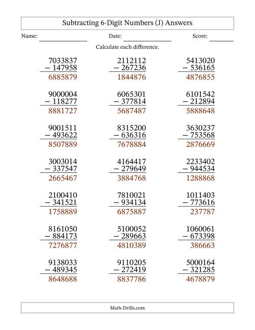 The Subtracting 6-Digit Numbers With All Regrouping (21 Questions) (J) Math Worksheet Page 2