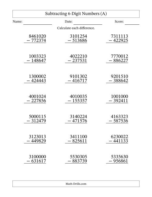 The Subtracting 6-Digit Numbers With All Regrouping (21 Questions) (All) Math Worksheet