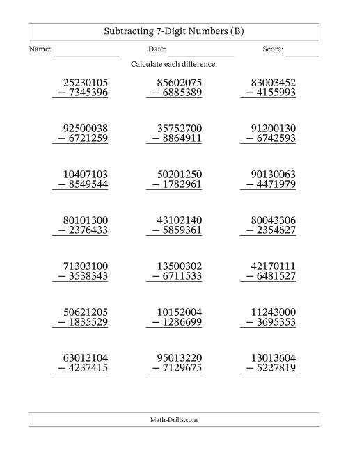 The Subtracting 7-Digit Numbers with All Regrouping (B) Math Worksheet