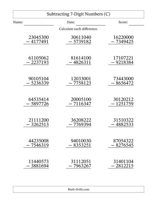 The Subtracting 7-Digit Numbers with All Regrouping (C) Math Worksheet