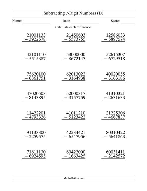 The Subtracting 7-Digit Numbers with All Regrouping (D) Math Worksheet