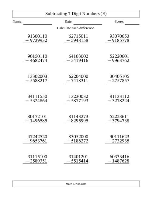 The Subtracting 7-Digit Numbers With All Regrouping (21 Questions) (E) Math Worksheet