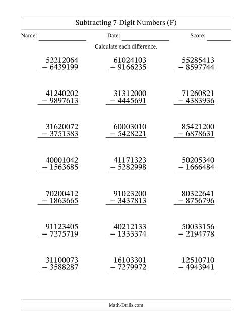 The Subtracting 7-Digit Numbers With All Regrouping (21 Questions) (F) Math Worksheet