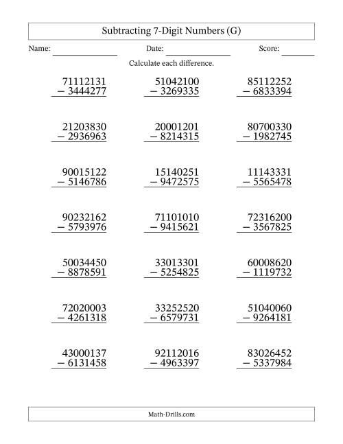 The Subtracting 7-Digit Numbers With All Regrouping (21 Questions) (G) Math Worksheet